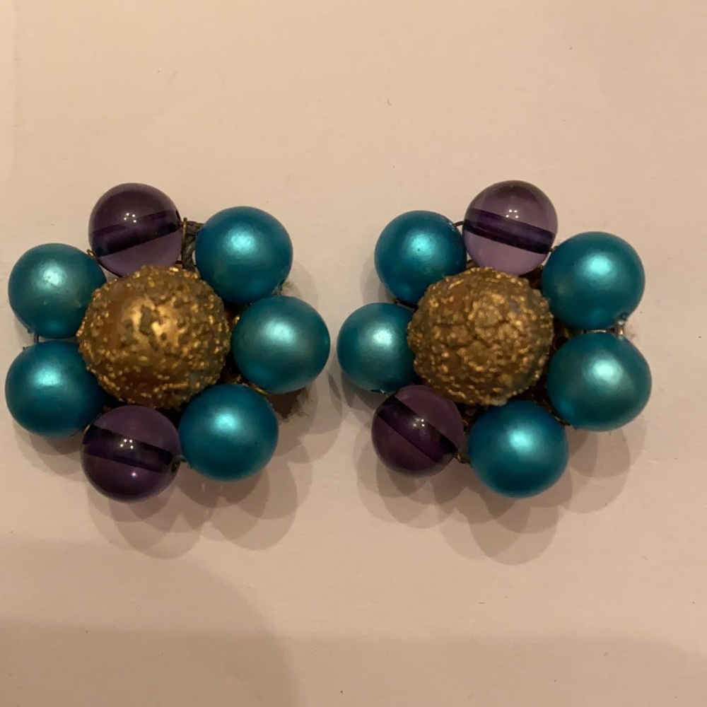 Turquoise, Amethyst and Gold Bead Cluster Clip Earrings Japan